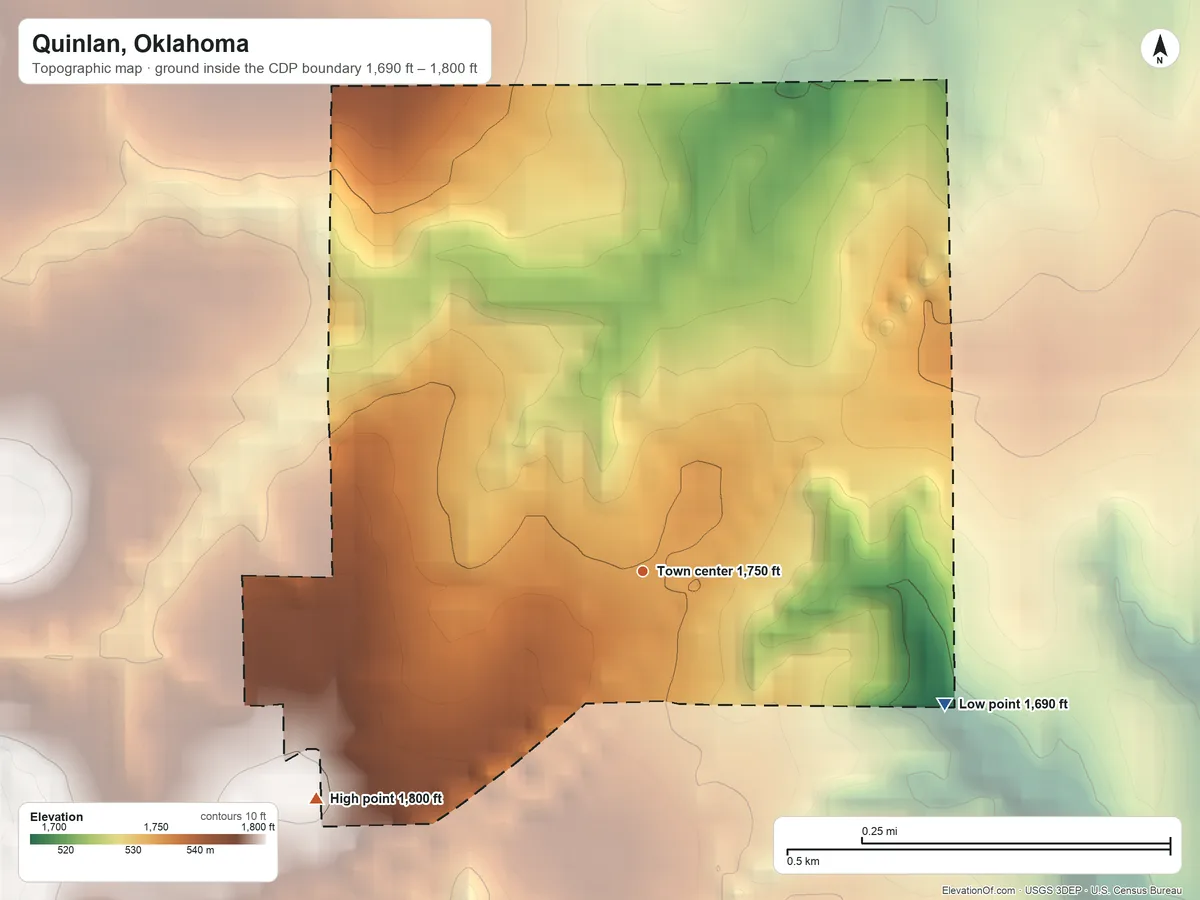 Topographic elevation map of Quinlan, Oklahoma, shaded from 1,690 ft on the southeast side to 1,800 ft on the southwest side