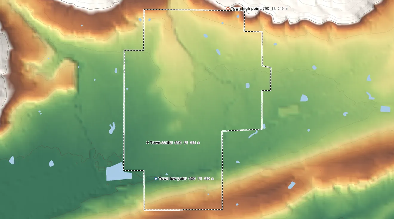 Topographic elevation map of Quinton, Oklahoma, shaded from 600 ft on the south side to 790 ft at the foot of the Sans Bois Mountains