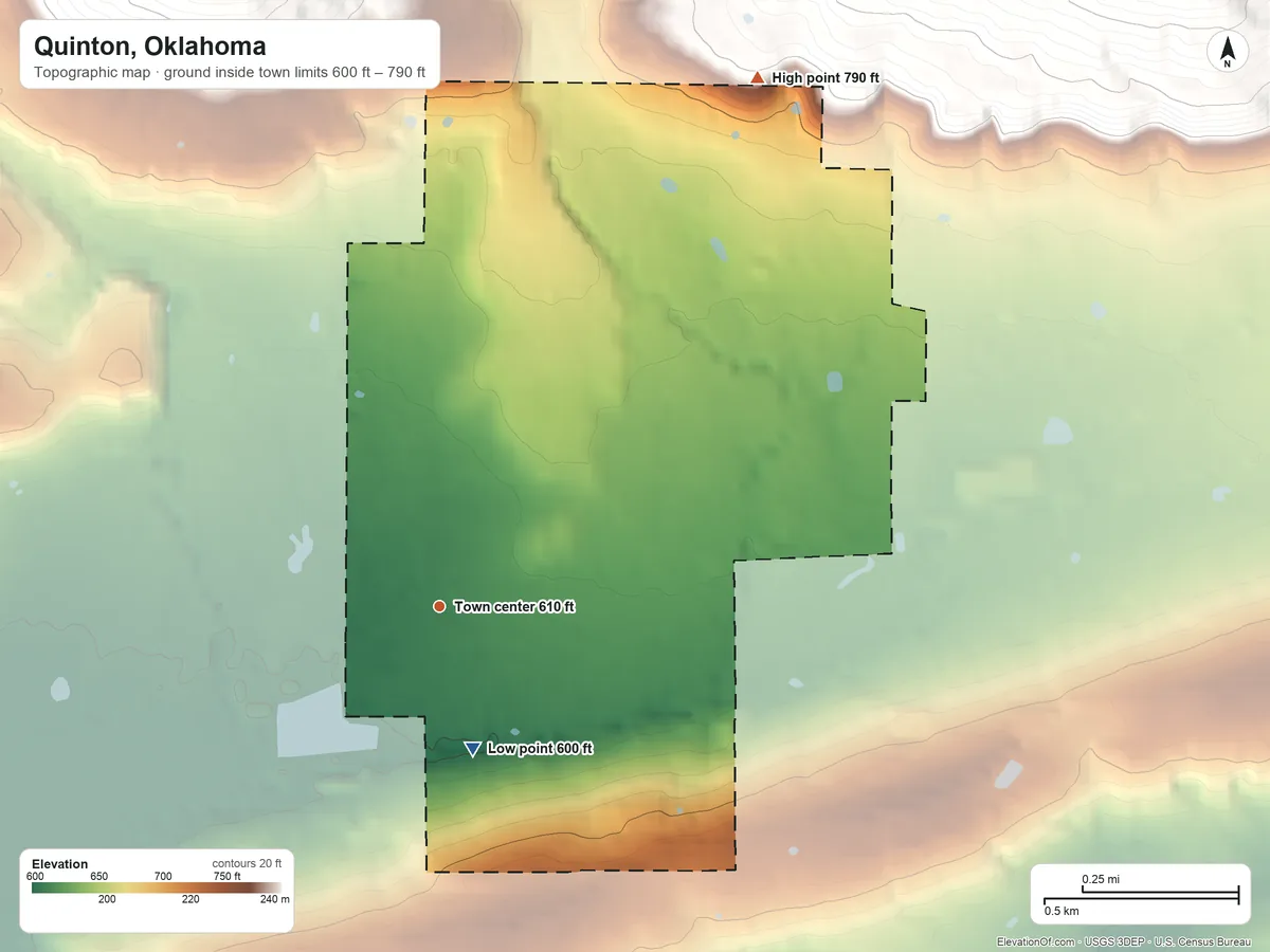 Topographic elevation map of Quinton, Oklahoma, shaded from 600 ft on the south side to 790 ft at the foot of the Sans Bois Mountains