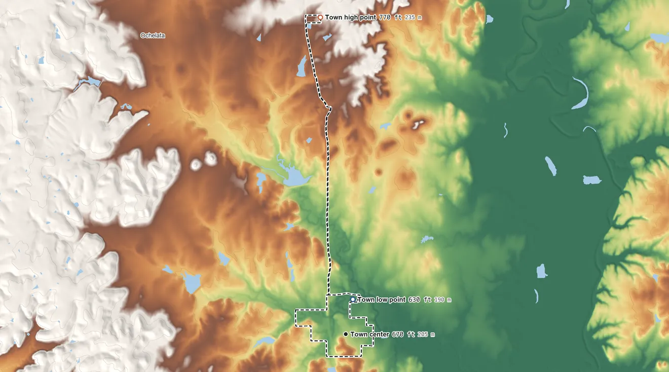 Topographic elevation map of Ramona, Oklahoma, shaded from 630 ft on the north side to 770 ft on the north side