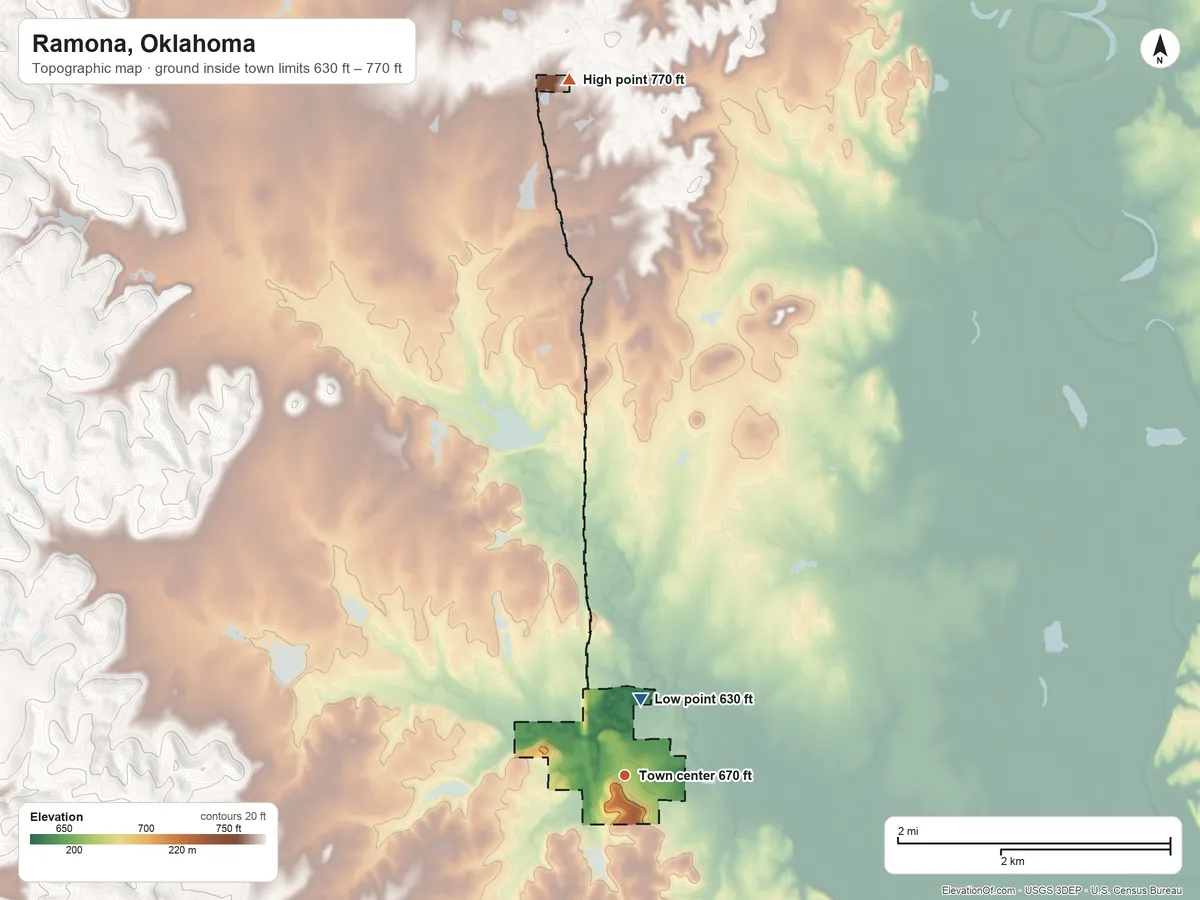Topographic elevation map of Ramona, Oklahoma, shaded from 630 ft on the north side to 770 ft on the north side