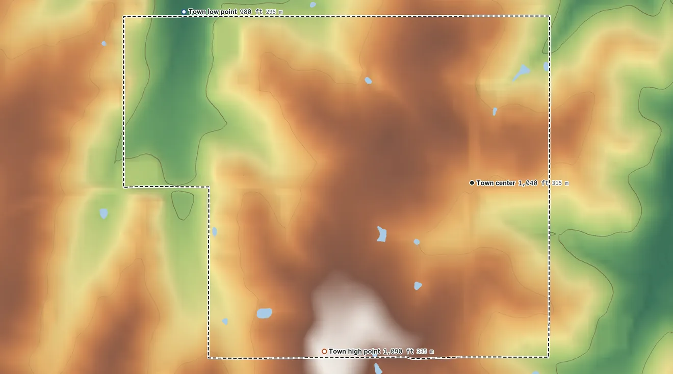 Topographic elevation map of Ratliff City, Oklahoma, shaded from 980 ft on the northwest side to 1,090 ft on the southwest side