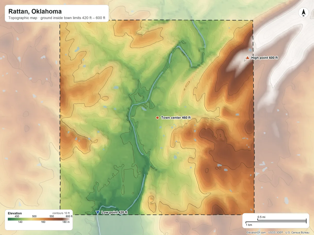 Topographic elevation map of Rattan, Oklahoma, shaded from 420 ft on the southwest side to 600 ft on the northeast side