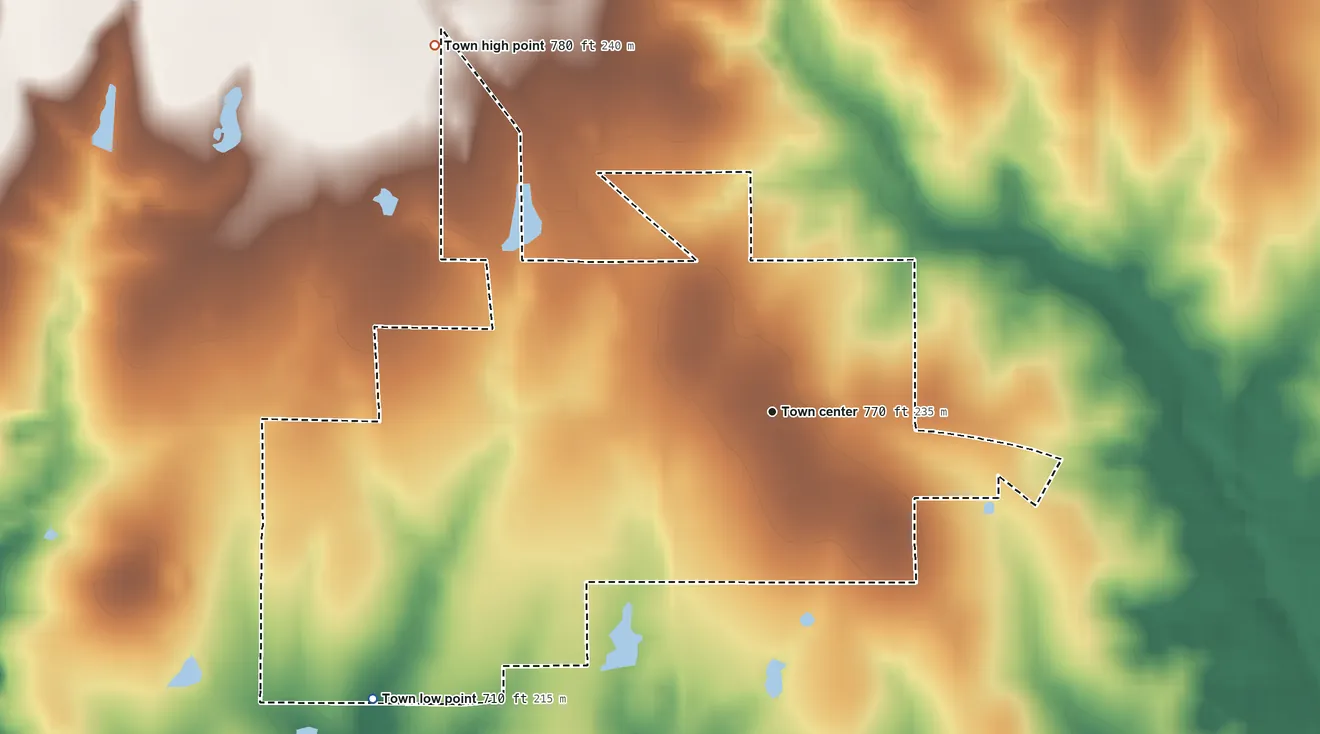 Topographic elevation map of Ravia, Oklahoma, shaded from 710 ft on the southwest side to 780 ft on the northwest side