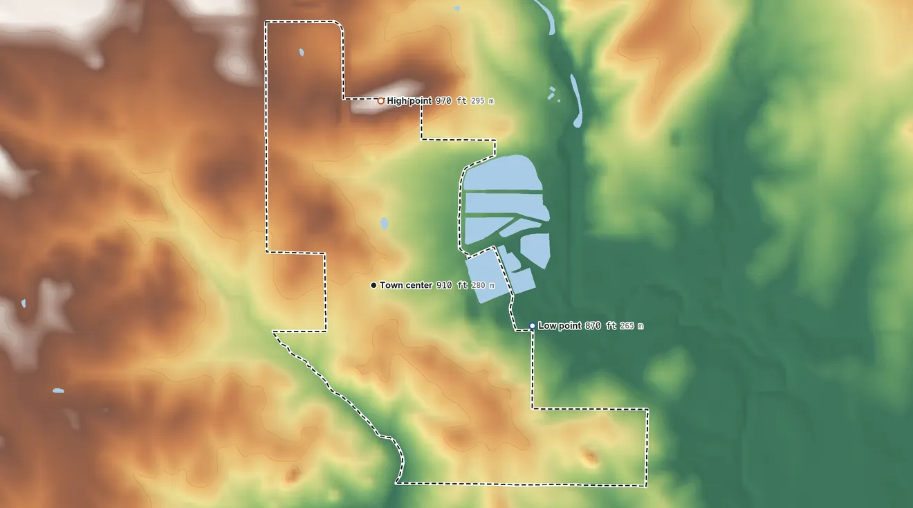Topographic elevation map of Reagan, Oklahoma, shaded from 870 ft on the east side to 970 ft on the north side