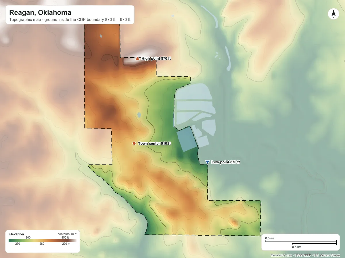 Topographic elevation map of Reagan, Oklahoma, shaded from 870 ft on the east side to 970 ft on the north side