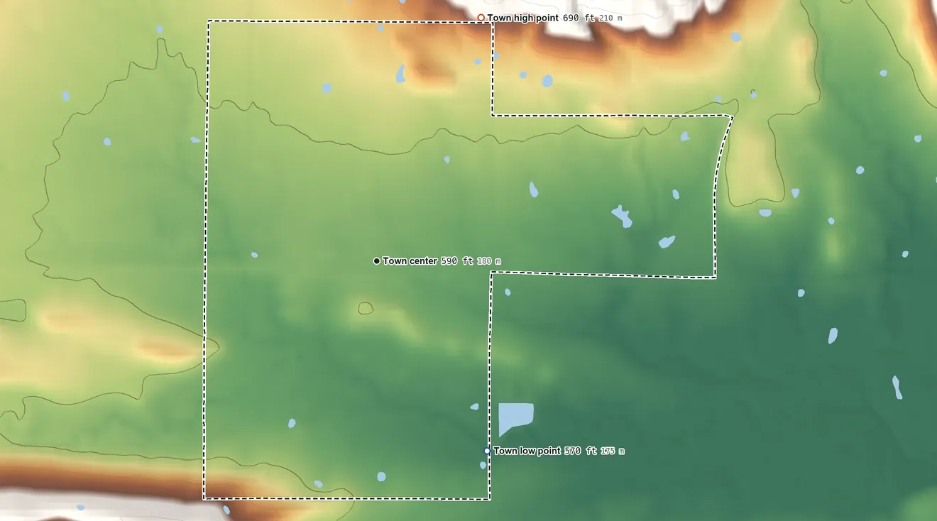 Topographic elevation map of Red Oak, Oklahoma, shaded from 570 ft on the southeast side to 690 ft at the foot of the Sans Bois Mountains