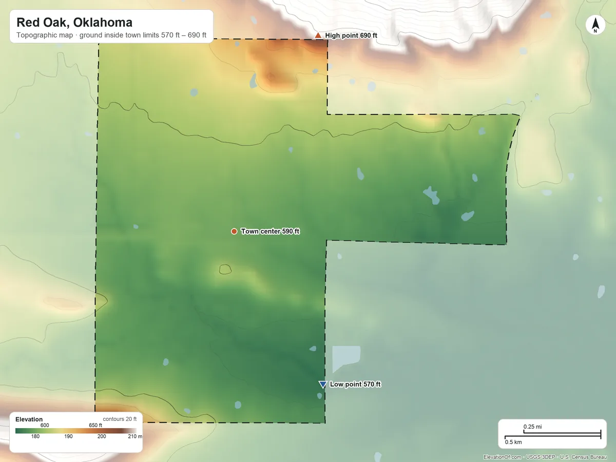 Topographic elevation map of Red Oak, Oklahoma, shaded from 570 ft on the southeast side to 690 ft at the foot of the Sans Bois Mountains