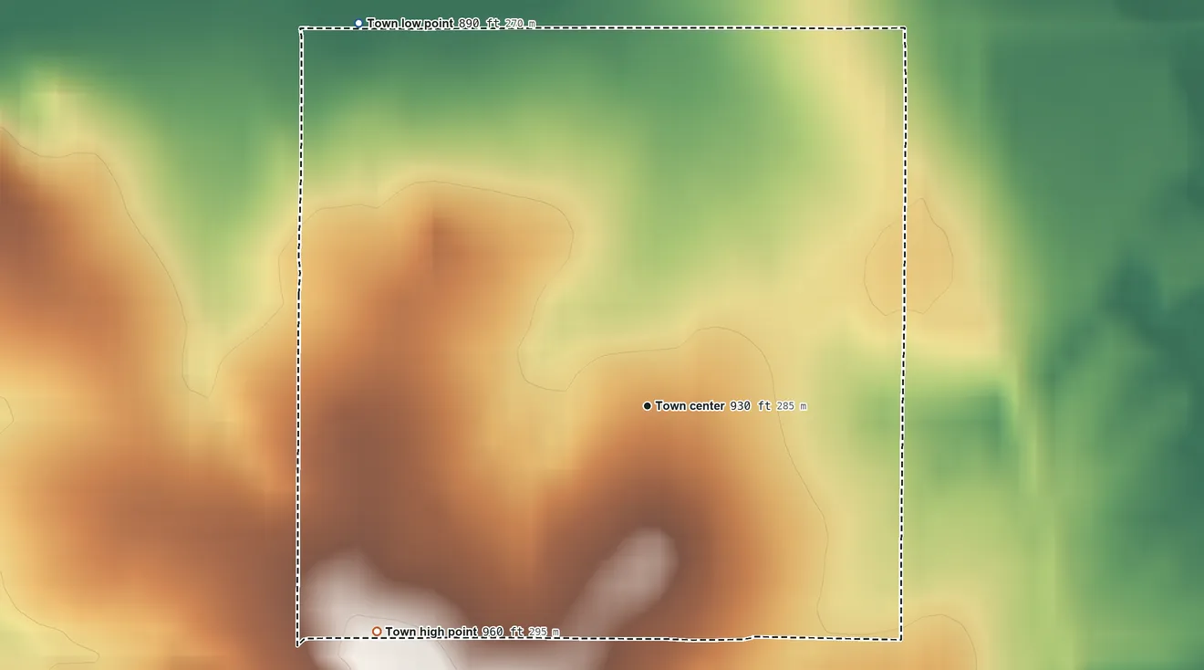 Topographic elevation map of Red Rock, Oklahoma, shaded from 890 ft on the northwest side to 960 ft on the southwest side