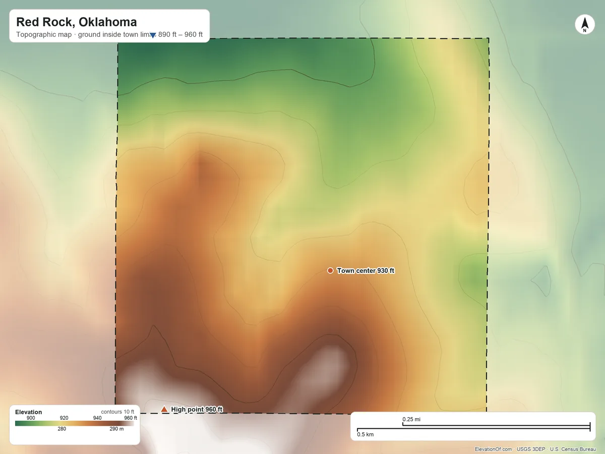 Topographic elevation map of Red Rock, Oklahoma, shaded from 890 ft on the northwest side to 960 ft on the southwest side