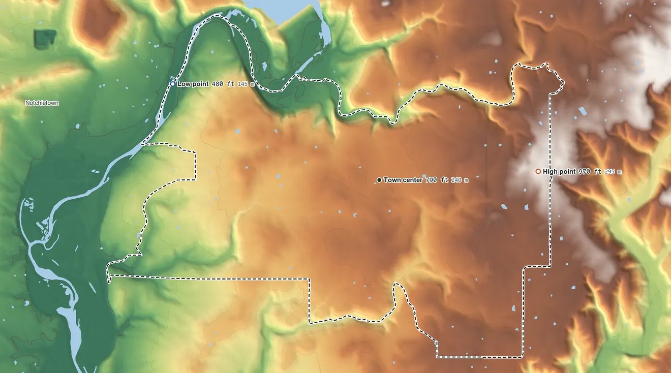Topographic elevation map of Redbird Smith, Oklahoma, shaded from 480 ft on the northwest side to 970 ft on the east side