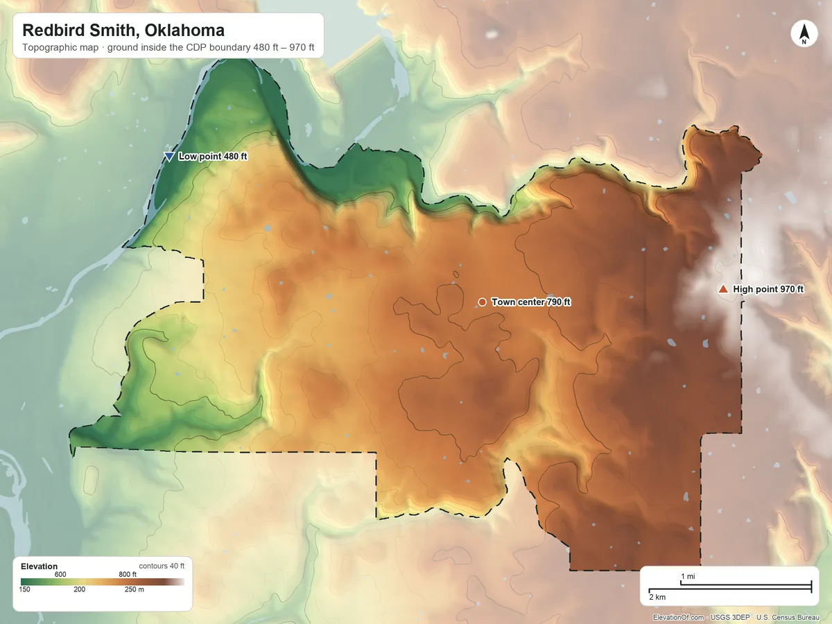 Topographic elevation map of Redbird Smith, Oklahoma, shaded from 480 ft on the northwest side to 970 ft on the east side