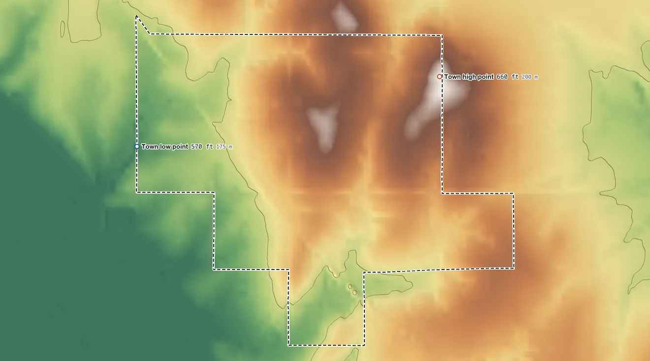 Topographic elevation map of Redbird, Oklahoma, shaded from 570 ft on the west side to 660 ft on the northeast side