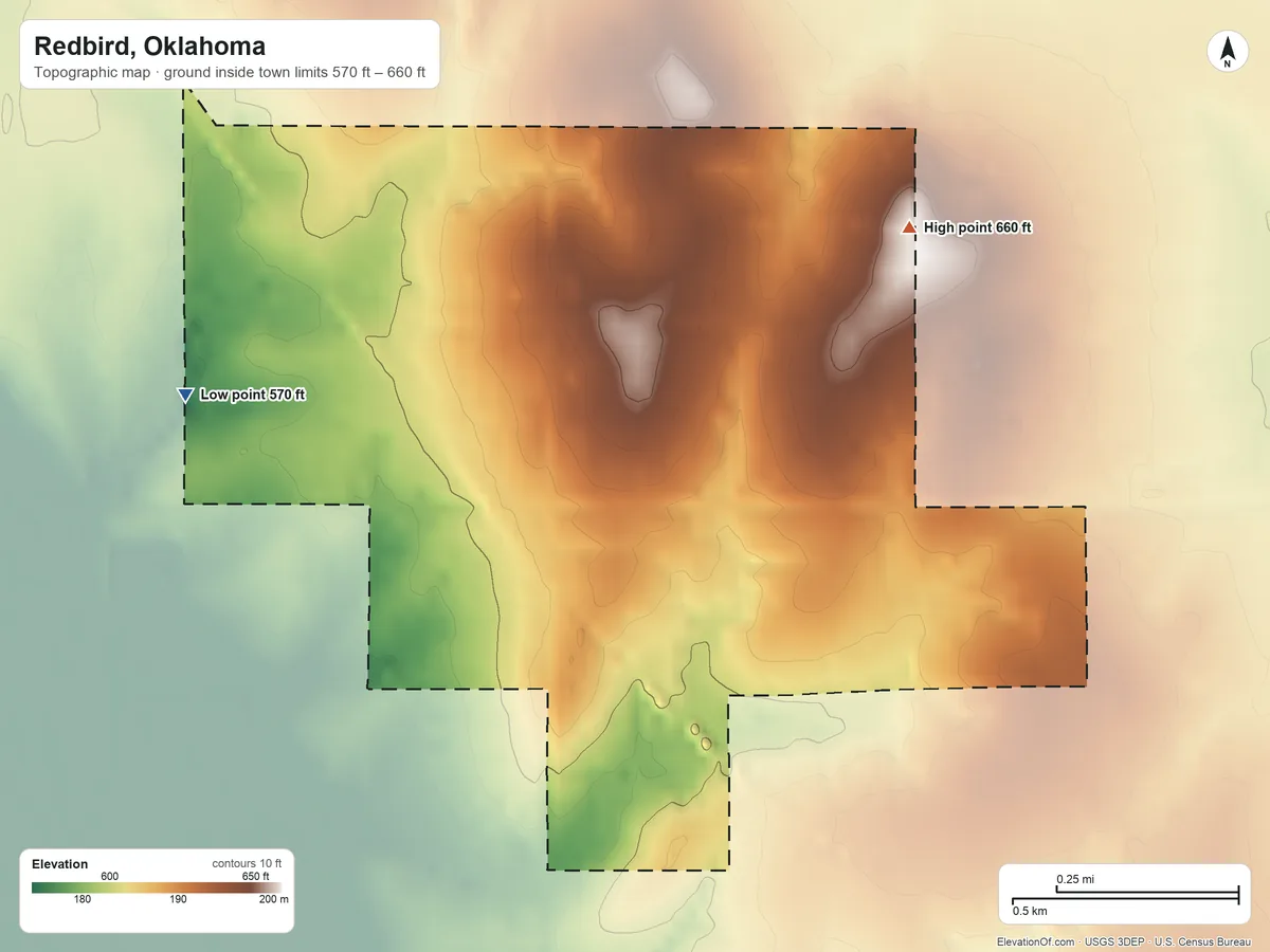 Topographic elevation map of Redbird, Oklahoma, shaded from 570 ft on the west side to 660 ft on the northeast side