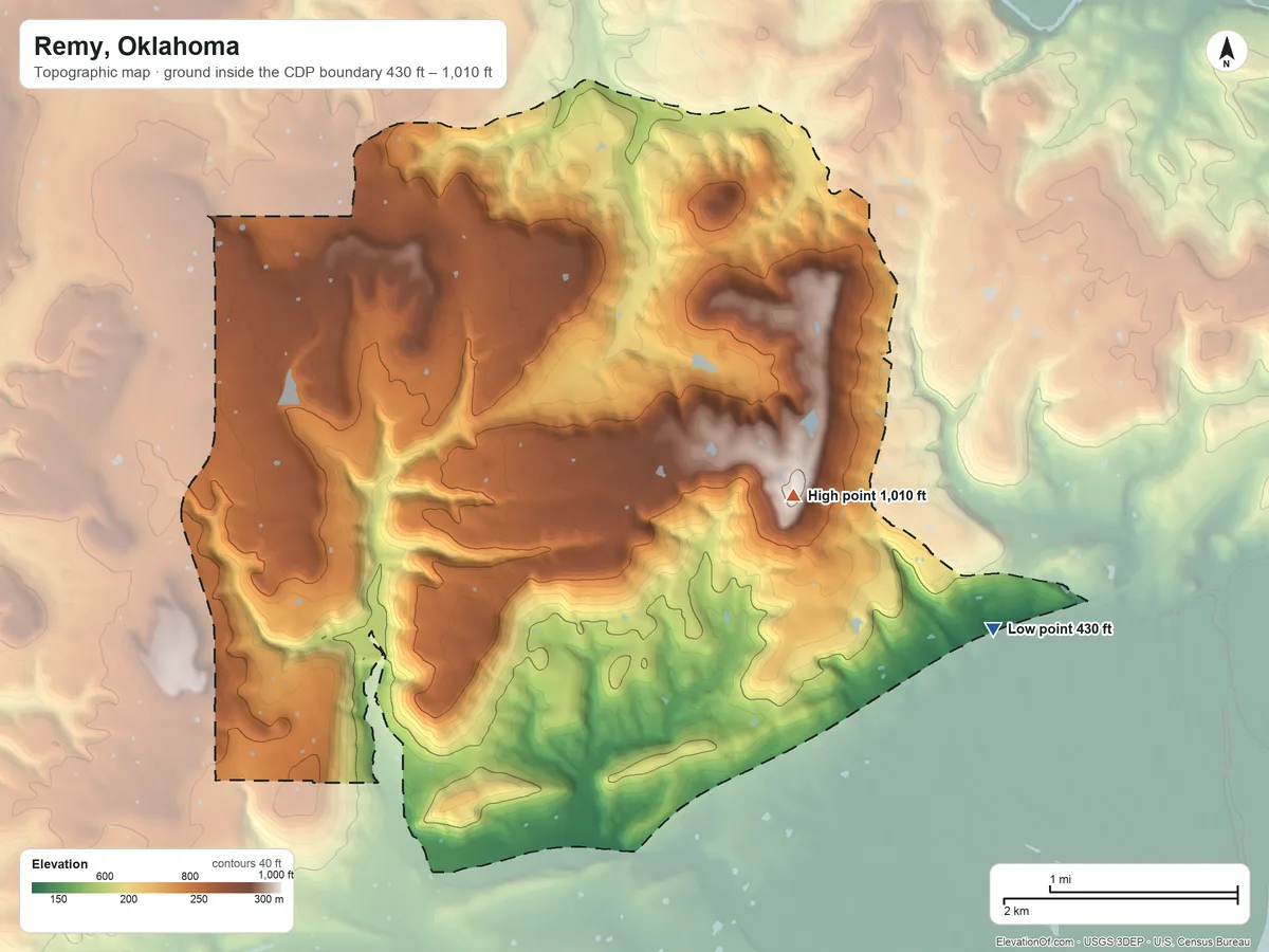 Topographic elevation map of Remy, Oklahoma, shaded from 430 ft on the southeast side to 1,010 ft on the east side