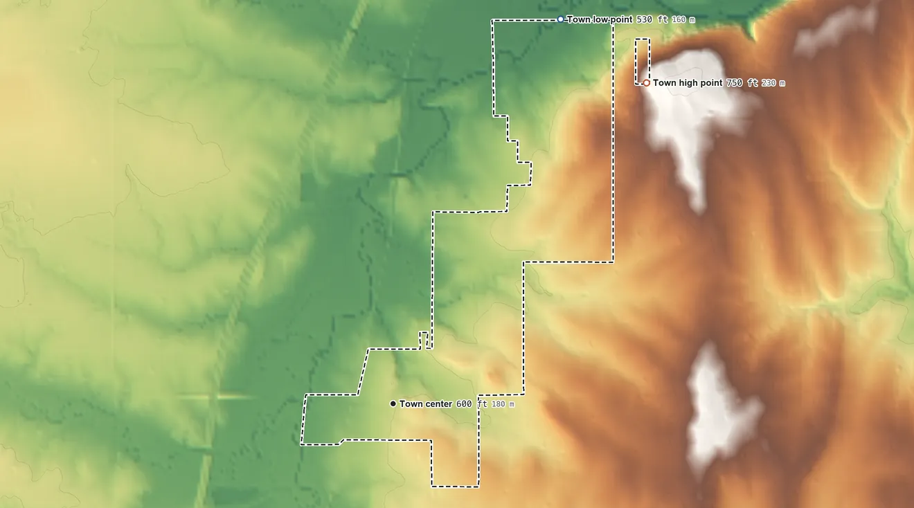 Topographic elevation map of Rentiesville, Oklahoma, shaded from 530 ft on the northeast side to 750 ft on the northeast side