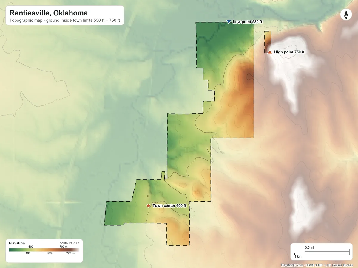 Topographic elevation map of Rentiesville, Oklahoma, shaded from 530 ft on the northeast side to 750 ft on the northeast side