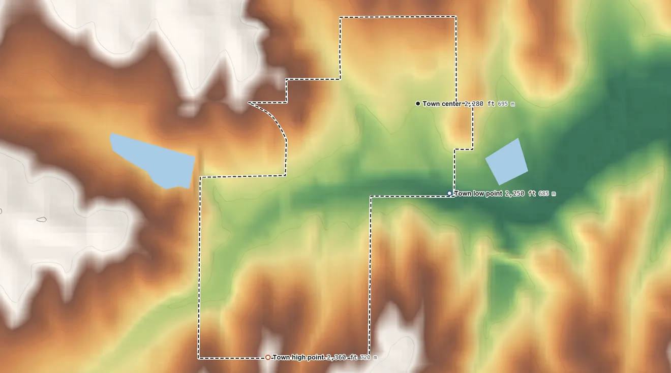 Topographic elevation map of Reydon, Oklahoma, shaded from 2,250 ft on the south side to 2,360 ft on the southwest side