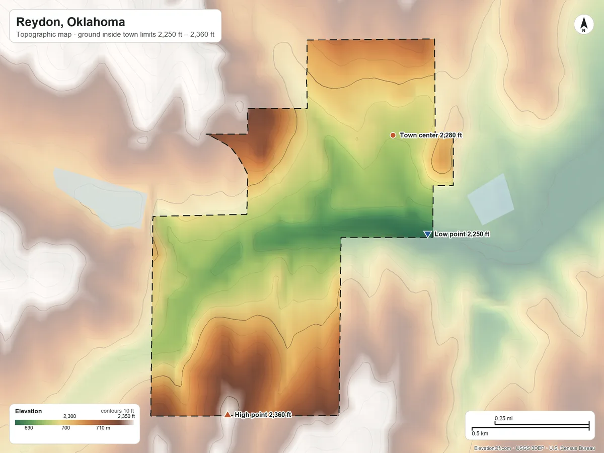 Topographic elevation map of Reydon, Oklahoma, shaded from 2,250 ft on the south side to 2,360 ft on the southwest side