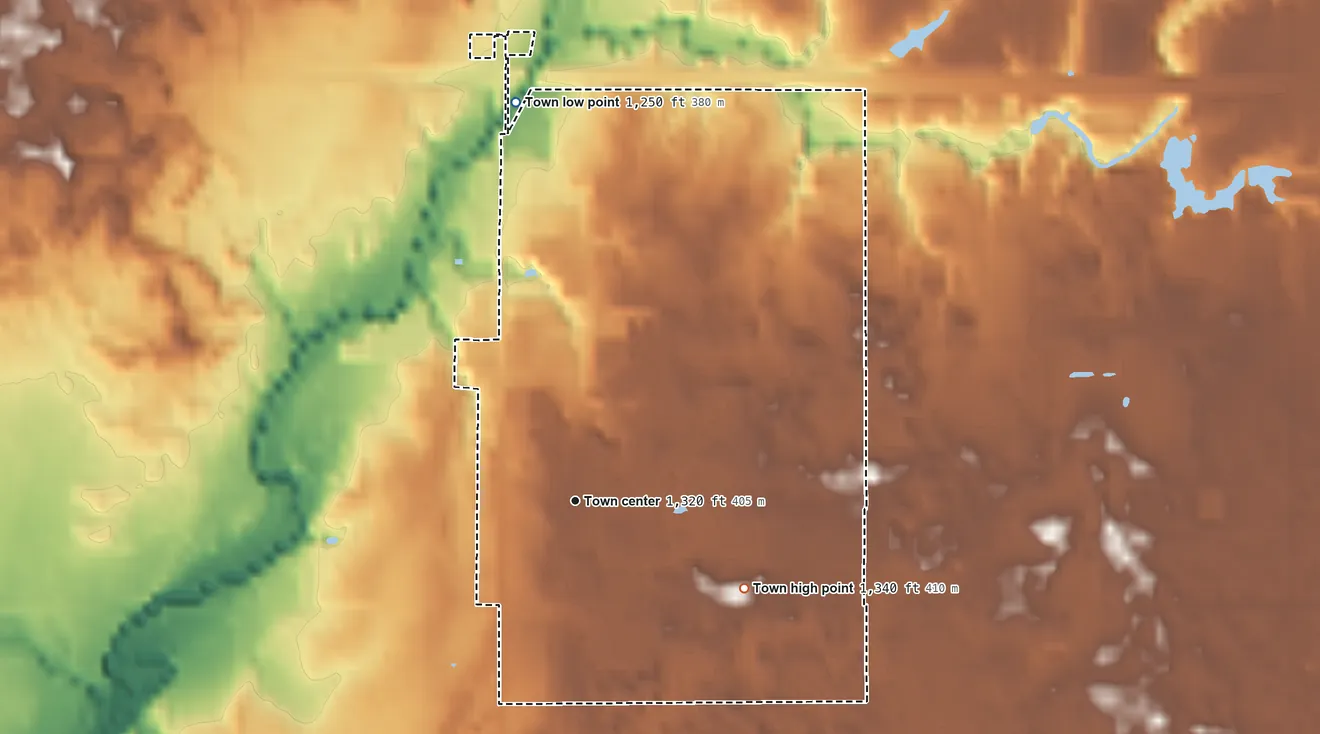 Topographic elevation map of Ringwood, Oklahoma, shaded from 1,250 ft on the north side to 1,340 ft on the southeast side