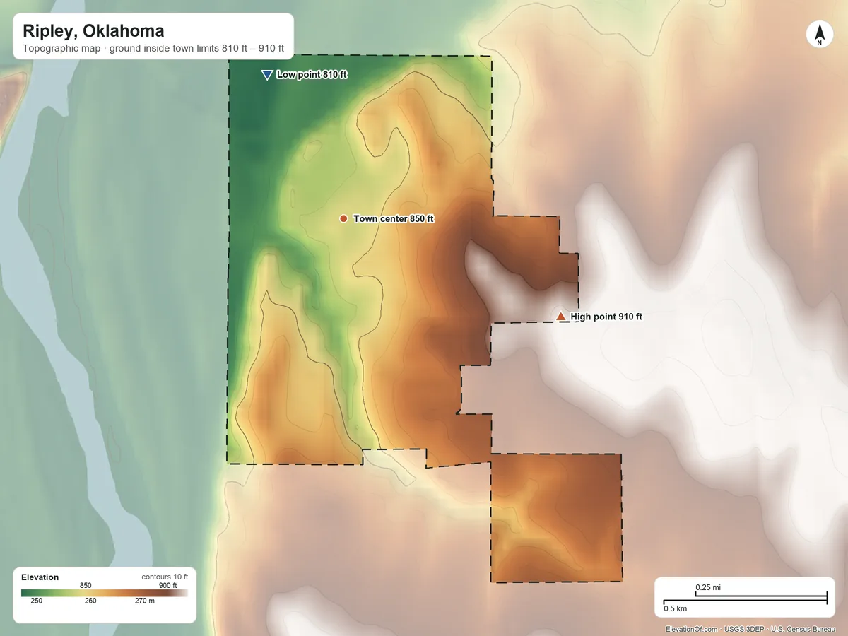 Topographic elevation map of Ripley, Oklahoma, shaded from 810 ft on the northwest side to 910 ft on the southeast side