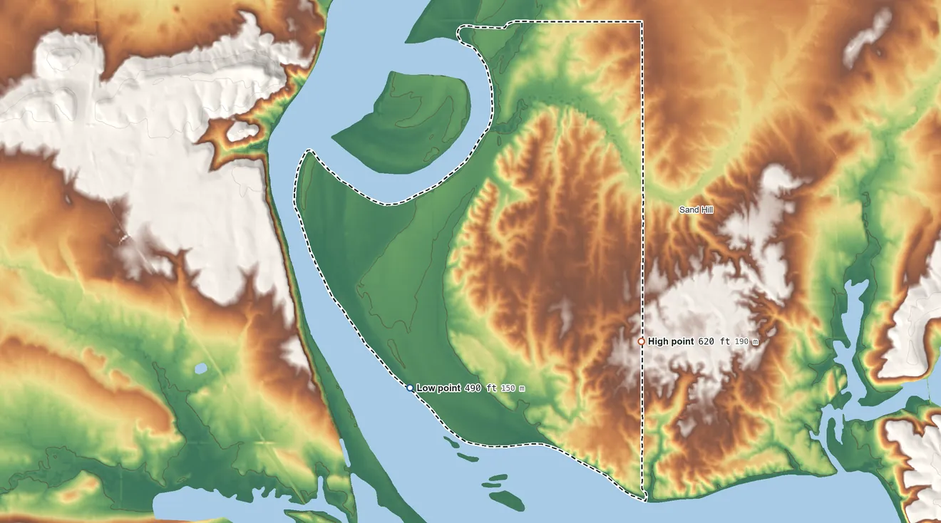 Topographic elevation map of River Bottom, Oklahoma, shaded from 490 ft on the southwest side to 620 ft on the southeast side