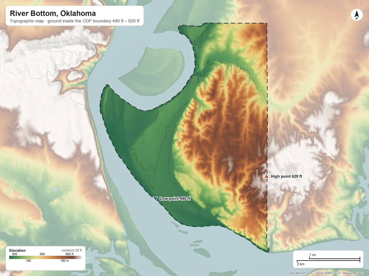Topographic elevation map of River Bottom, Oklahoma, shaded from 490 ft on the southwest side to 620 ft on the southeast side