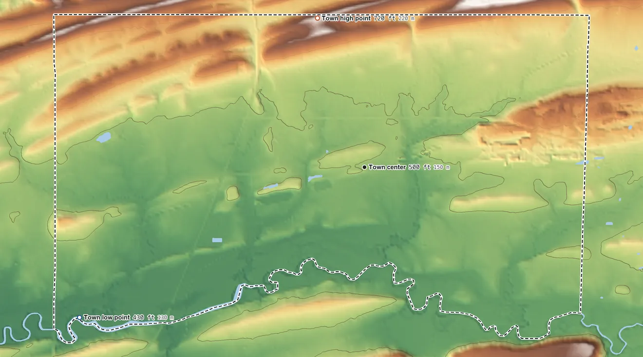 Topographic elevation map of Rock Island, Oklahoma, shaded from 430 ft on the southwest side to 720 ft on the north side