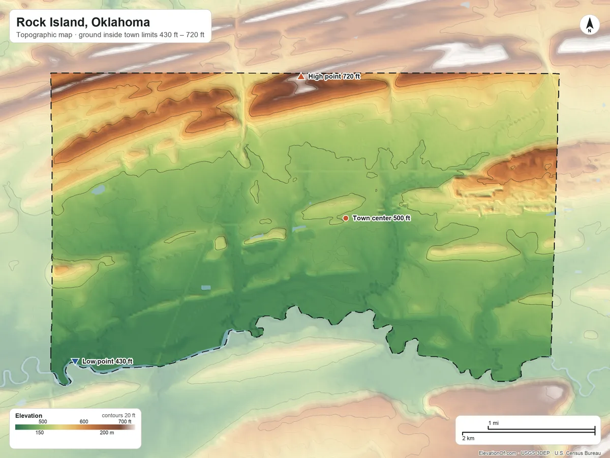 Topographic elevation map of Rock Island, Oklahoma, shaded from 430 ft on the southwest side to 720 ft on the north side