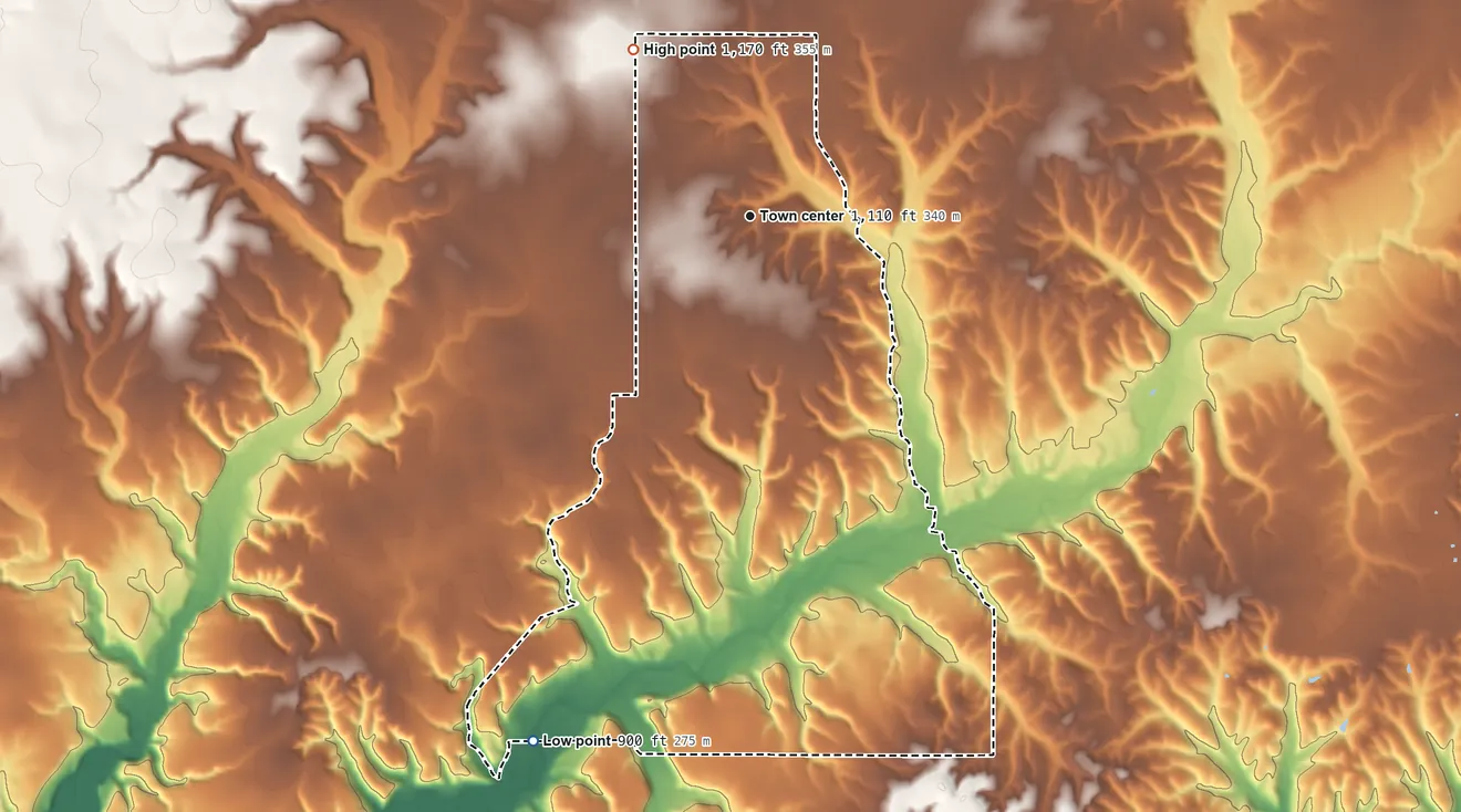 Topographic elevation map of Rocky Ford, Oklahoma, shaded from 900 ft on the south side to 1,170 ft on the northwest side