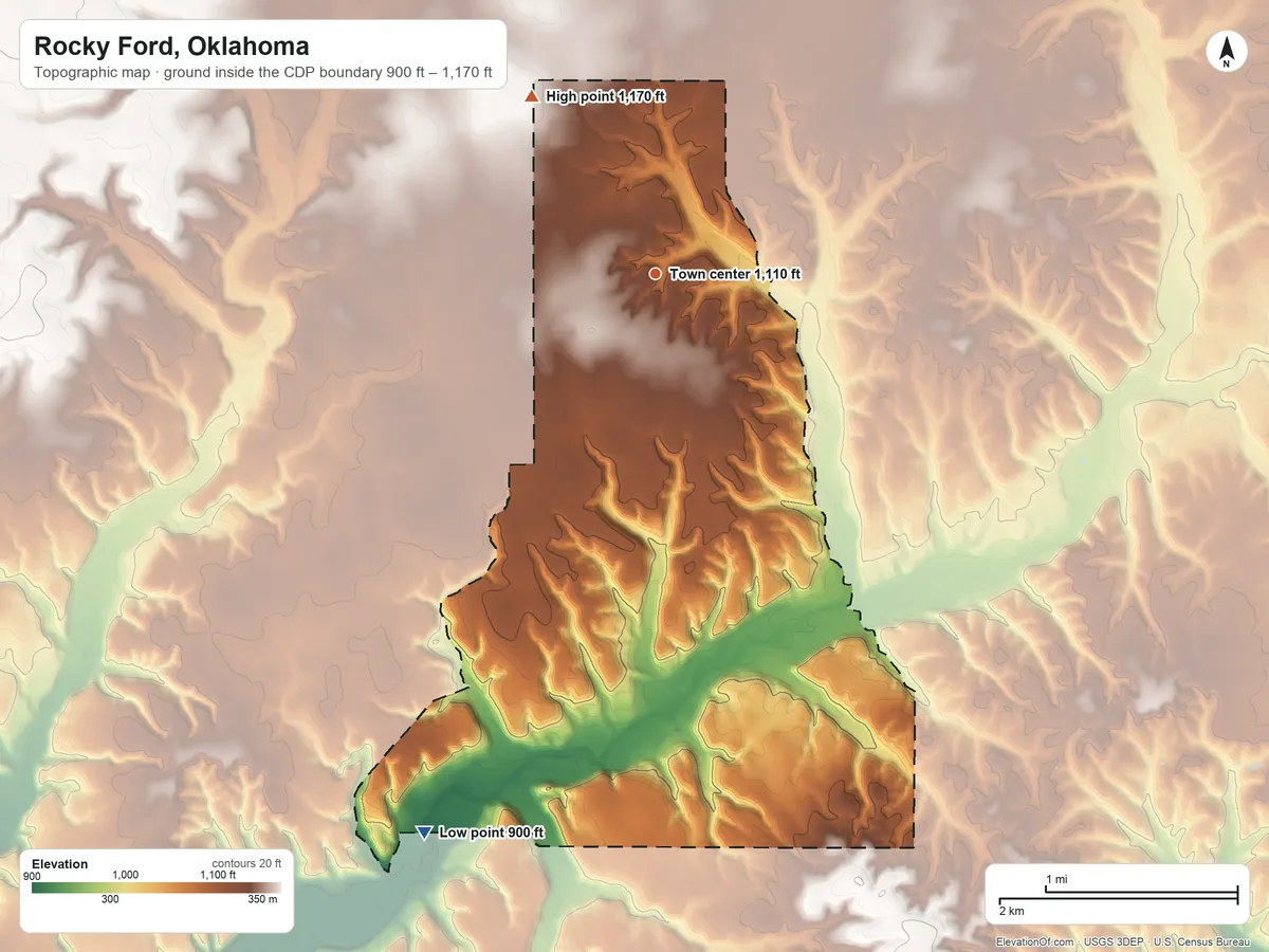 Topographic elevation map of Rocky Ford, Oklahoma, shaded from 900 ft on the south side to 1,170 ft on the northwest side