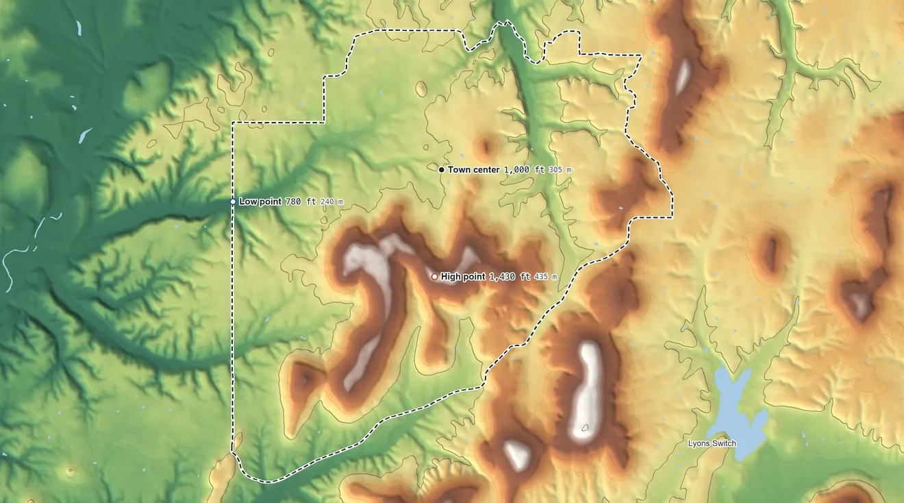 Topographic elevation map of Rocky Mountain, Oklahoma, shaded from 780 ft on the west side to 1,430 ft on Hungry Mountain