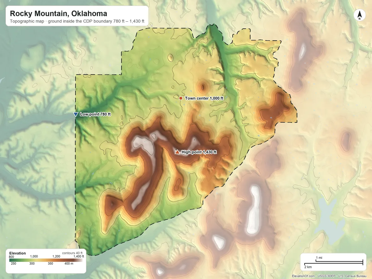 Topographic elevation map of Rocky Mountain, Oklahoma, shaded from 780 ft on the west side to 1,430 ft on Hungry Mountain