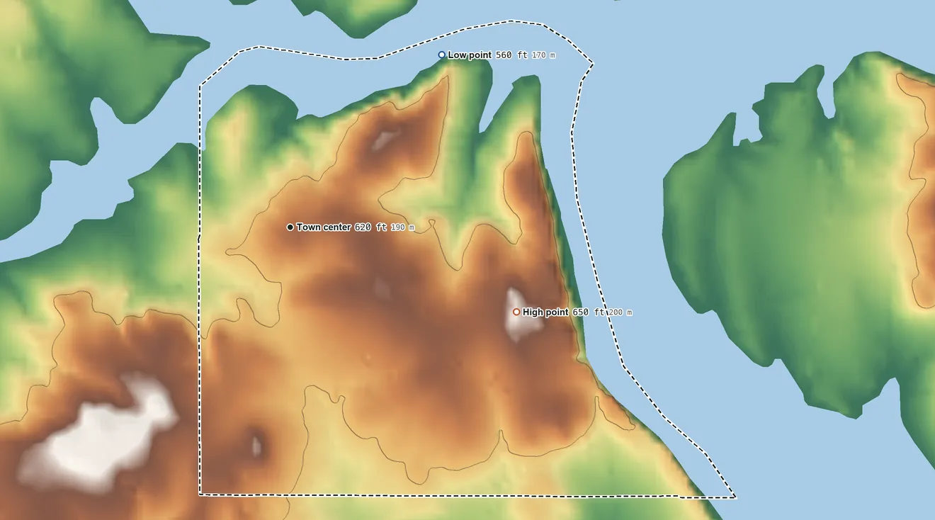 Topographic elevation map of Rocky Point, Oklahoma, shaded from 560 ft on the northeast side to 650 ft on the east side