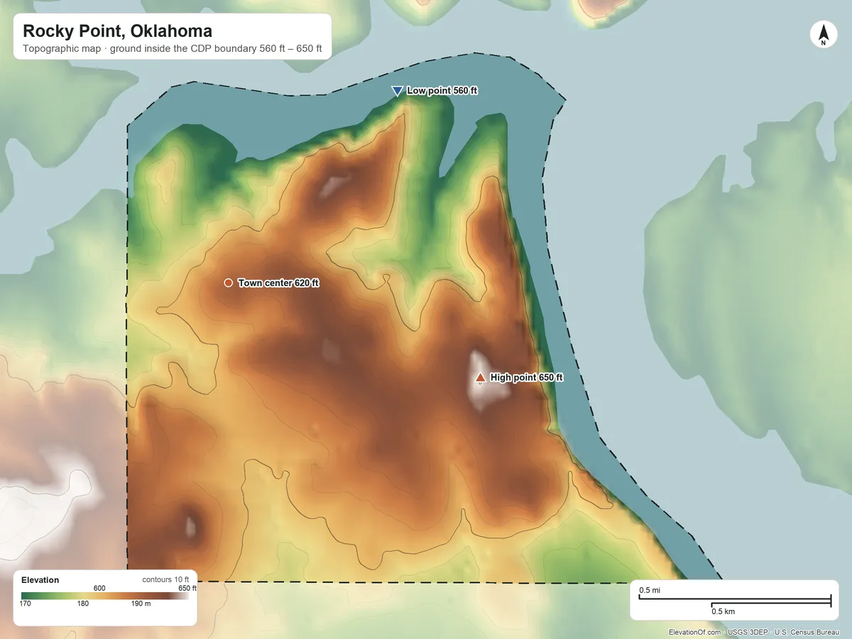 Topographic elevation map of Rocky Point, Oklahoma, shaded from 560 ft on the northeast side to 650 ft on the east side