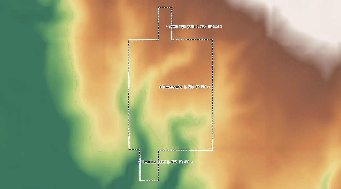 Topographic elevation map of Rocky, Oklahoma, shaded from 1,630 ft on the south side to 1,660 ft on the north side