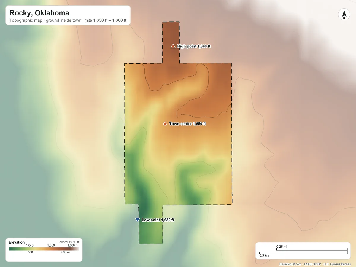 Topographic elevation map of Rocky, Oklahoma, shaded from 1,630 ft on the south side to 1,660 ft on the north side