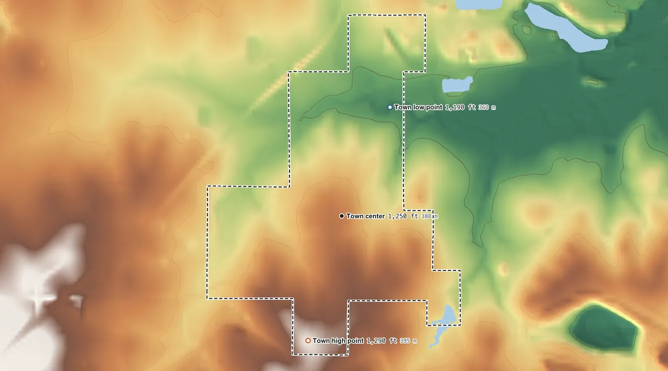 Topographic elevation map of Roff, Oklahoma, shaded from 1,190 ft on the northeast side to 1,290 ft on the south side