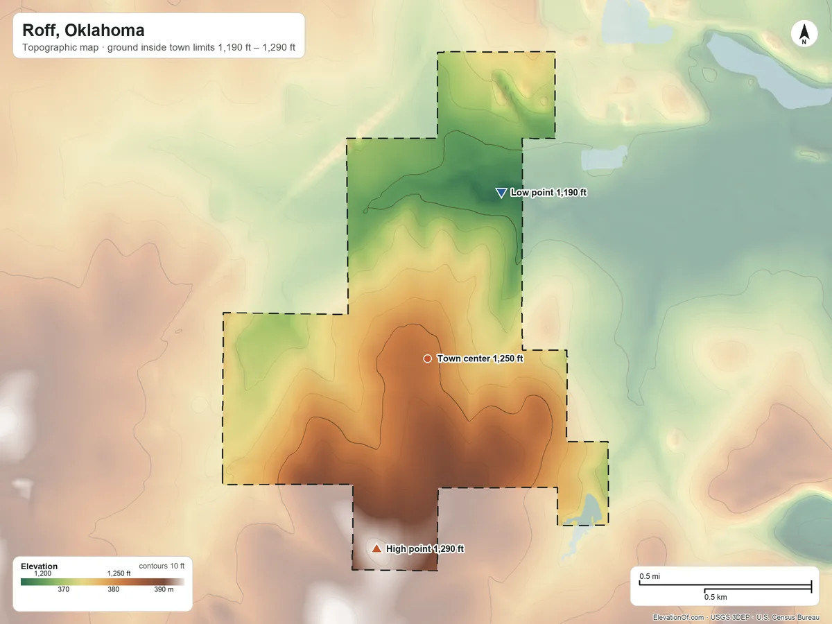 Topographic elevation map of Roff, Oklahoma, shaded from 1,190 ft on the northeast side to 1,290 ft on the south side