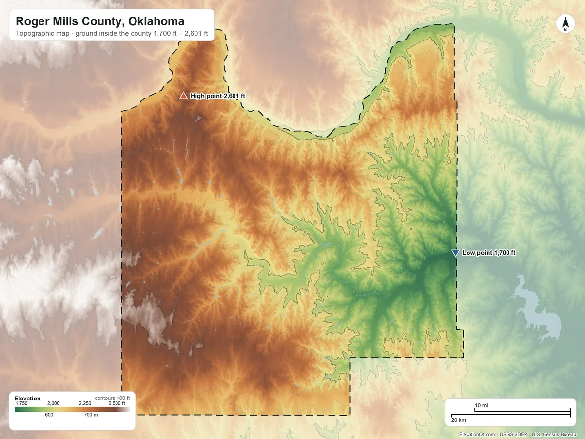 Topographic elevation map of Roger Mills County, Oklahoma, shaded from 1,700 ft on the east side to 2,601 ft on Antelope Hills
