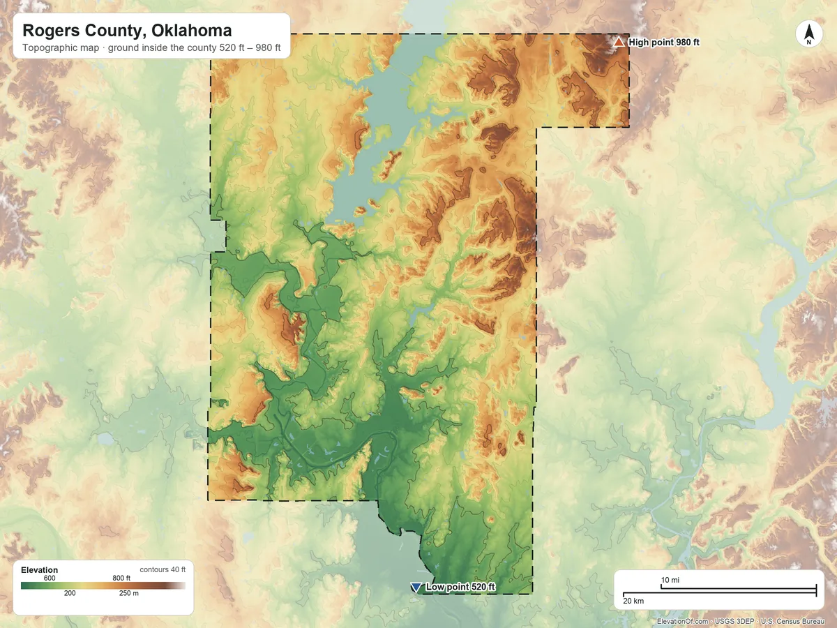 Topographic elevation map of Rogers County, Oklahoma, shaded from 520 ft on the south side to 980 ft on the northeast side