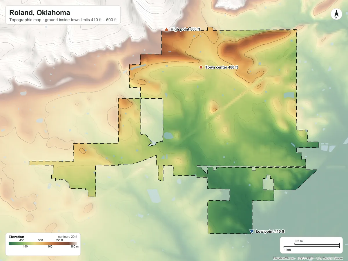 Topographic elevation map of Roland, Oklahoma, shaded from 410 ft on the south side to 600 ft on the northwest edge, below higher ground just outside