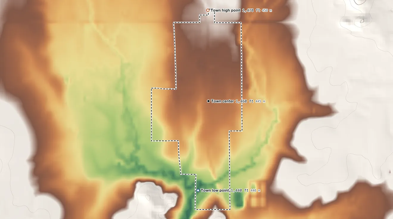 Topographic elevation map of Roosevelt, Oklahoma, shaded from 1,440 ft on the south side to 1,470 ft on the north side