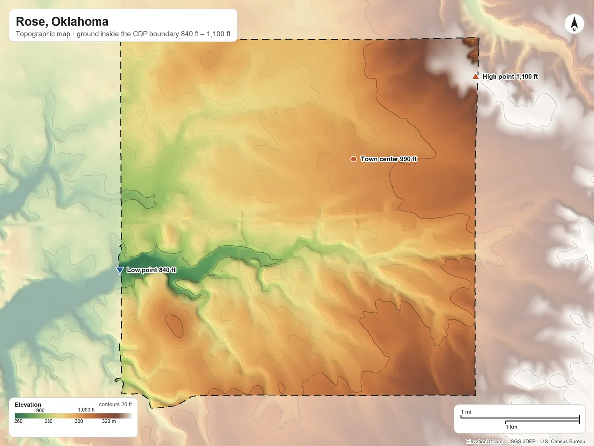 Topographic elevation map of Rose, Oklahoma, shaded from 840 ft on the southwest side to 1,100 ft on the northeast side