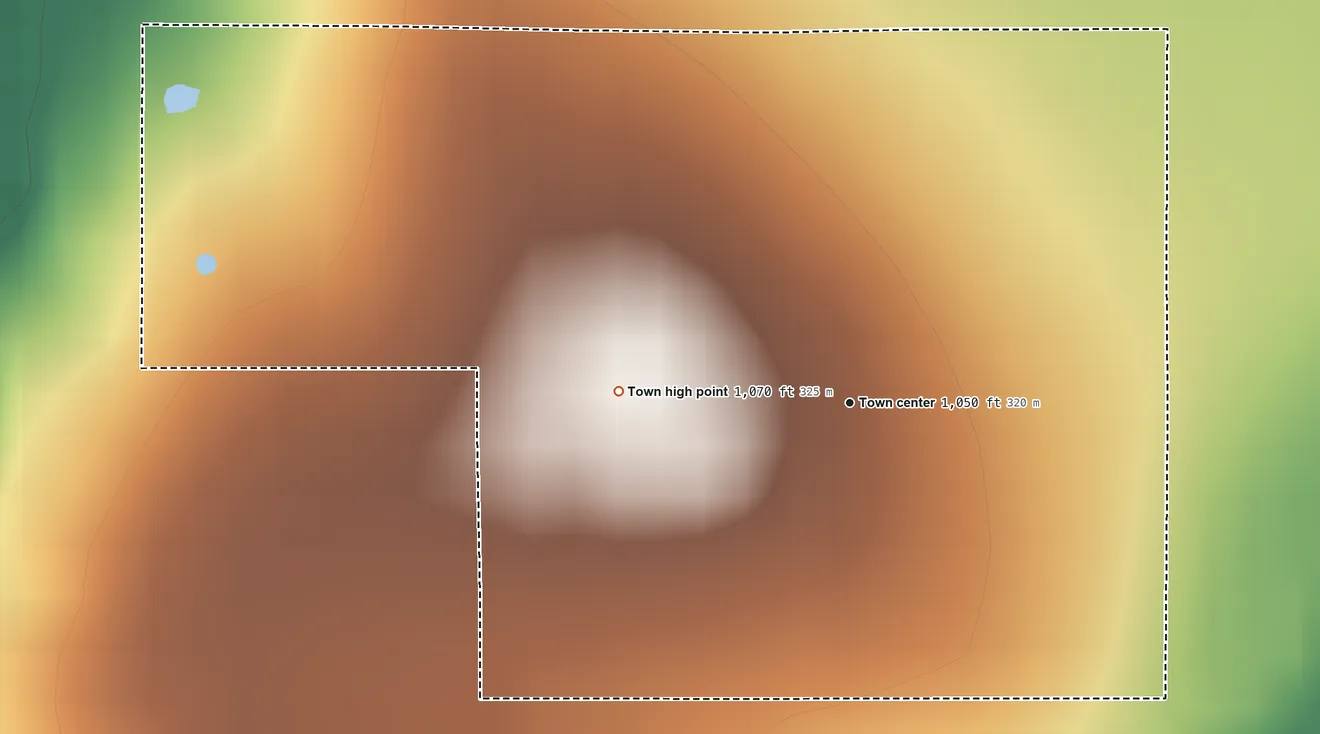 Topographic elevation map of Rosedale, Oklahoma, shaded from 1,000 ft on the northwest side to 1,070 ft on the west side