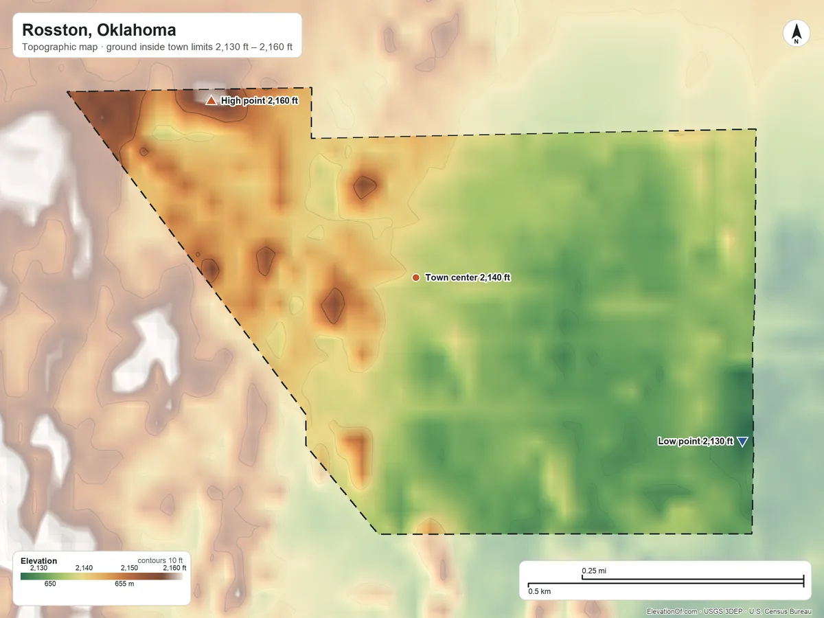 Topographic elevation map of Rosston, Oklahoma, shaded from 2,130 ft on the southeast side to 2,160 ft on the northwest side