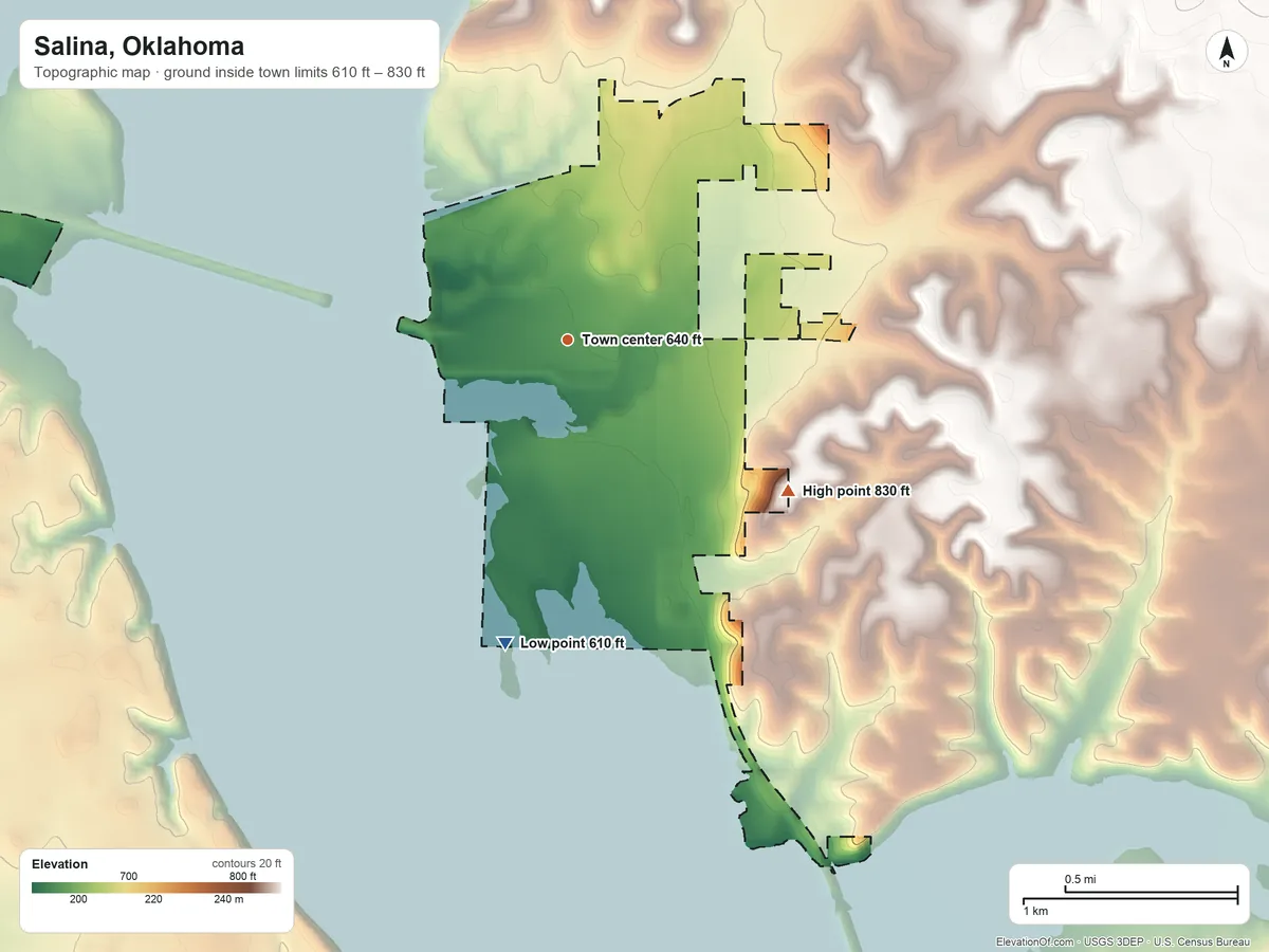 Topographic elevation map of Salina, Oklahoma, shaded from 610 ft on the south side to 830 ft on the southeast side