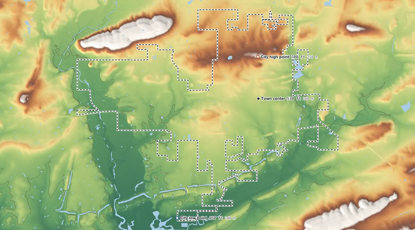 Topographic elevation map of Sallisaw, Oklahoma, shaded from 460 ft on the southwest side to 700 ft on the north side