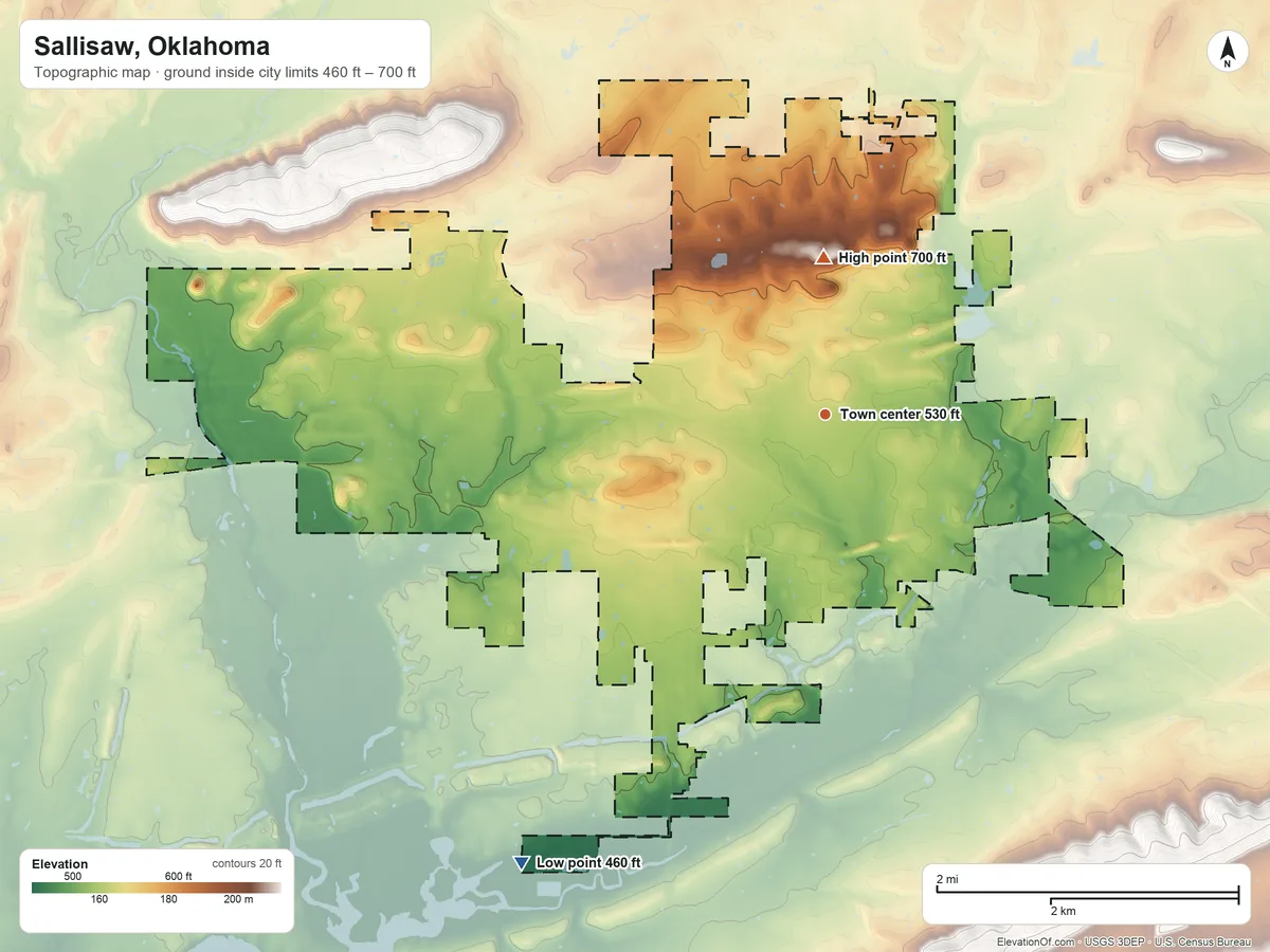 Topographic elevation map of Sallisaw, Oklahoma, shaded from 460 ft on the southwest side to 700 ft on the north side