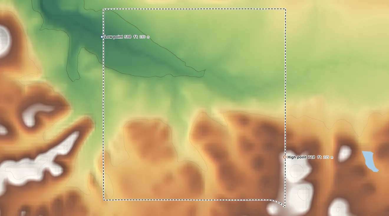 Topographic elevation map of Sams Corner, Oklahoma, shaded from 580 ft on the northwest side to 710 ft on the southeast side
